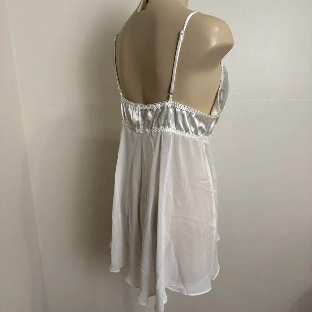 Babydoll White Satin Sheer Lace Bridal Lingerie Sz Large Fairy Beaded Coquette‎